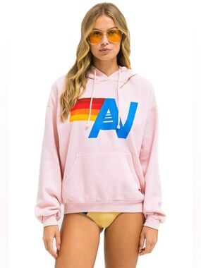 Light Pink Rainbow Graphic Hoodie with Blue AV Logo Small